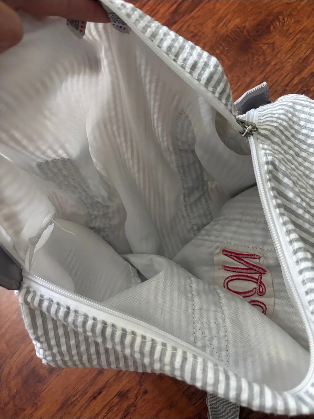 Personalized Kids Tote Bag in White and Gray with Red Embroidery